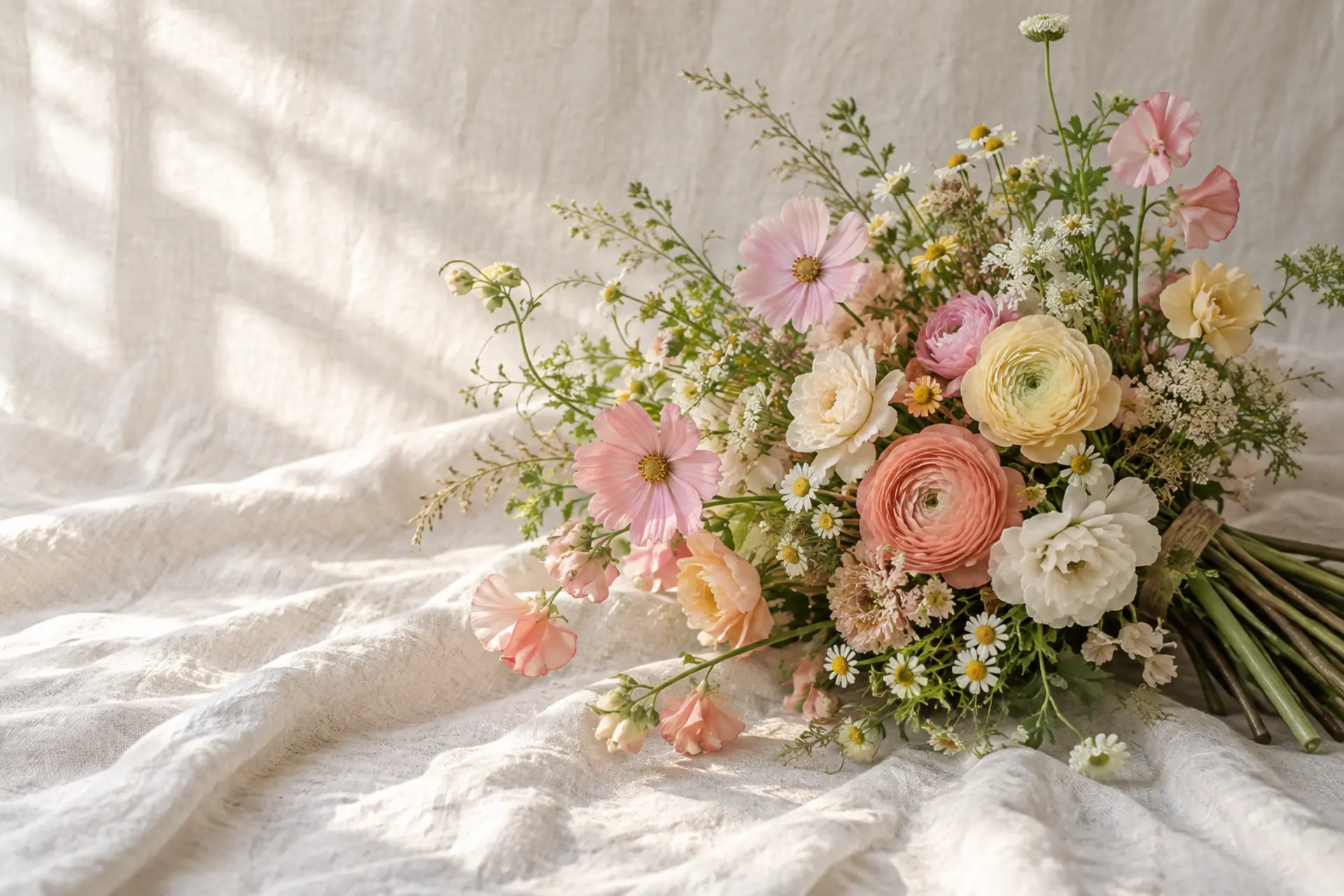 Airy custom bouquet in soft blush, peach, yellow, and meadow green