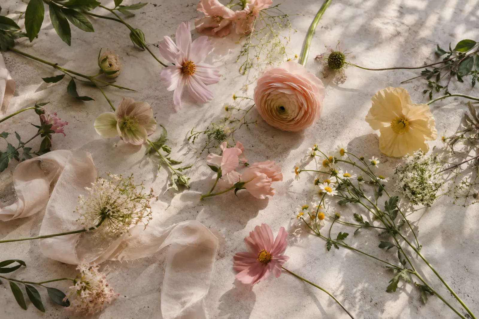 Loose meadow flowers and ribbon on a pale surface